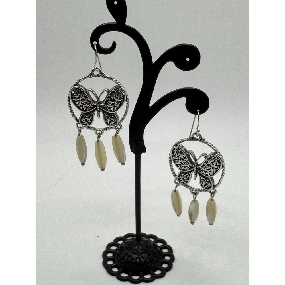 Vintage Butterfly Silver And Mother of Pearl Earrings‎